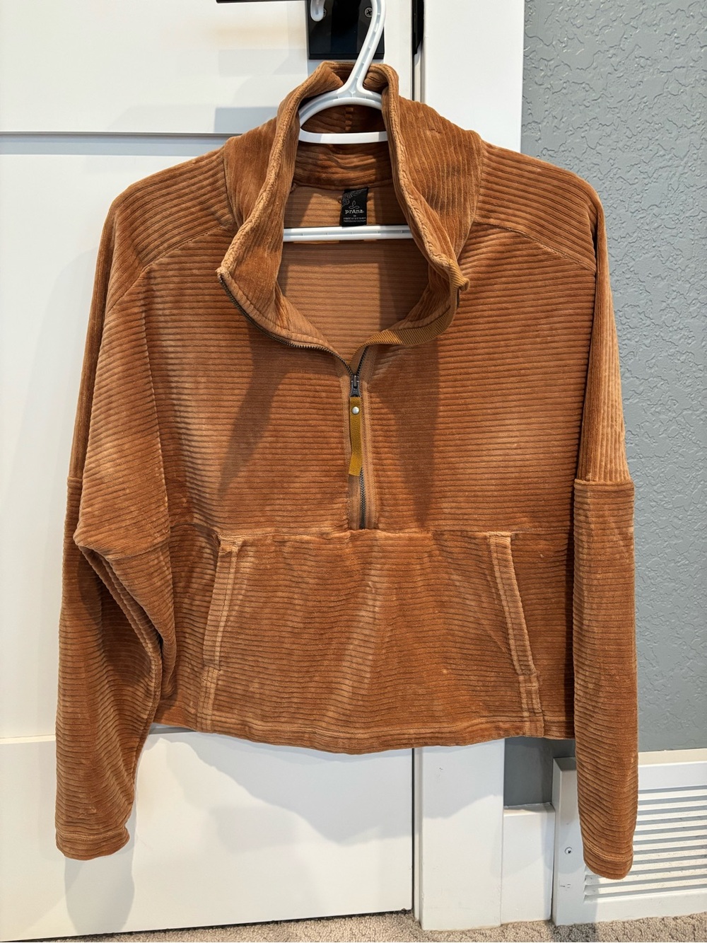 prAna Women's Fleece Half Zip Pullover Brown Ribbed Velour Medium